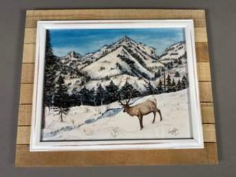 Beautifully Framed Original Painting By Loveland Artist Donna L. Moberly, Elk In Winter, Mountains