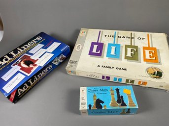 Vintage Classic Family Games - Ad Liners, Life And Chess Game Pieces