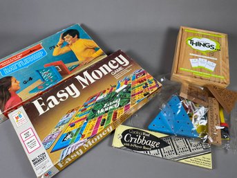 Vintage Classic Family Games - 1971 Battle Ship, Cribbage, Things, Easy Money, Wood Peg Games