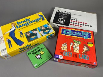 Vintage Classic Family Games - Body Language, Quelf, Checkers, Magnetic Hangman