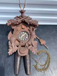 Awesome Wooden Germany Cuckoo Clock With Deer Head, Rabbit & Hunting Motiff, Regula Movement
