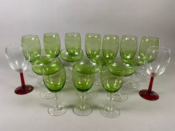 Spectacular Set Of Green And Red-stemmed Wine, Champagne And Cordial Glasses, Christmas