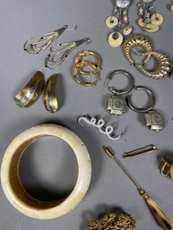 Unique Vintage Costume Jewelry Including Earrings, Pins, And Bakelite Bracelet