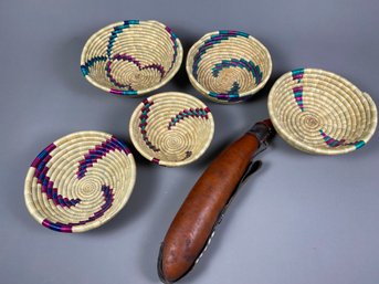 Lot Of Miscellaneous Handmade Items From The Maasai Tribe In Africa, Woven Nested Bowls & Water Carrier