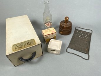 Vintage Kitchen Items Including A Metal Recipe Box, Wooden Butter Press, Coka-Cola Bottle, Grater & Mold