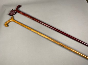 Two Vintage Wooden Canes Or Walking Sticks With Dragon Head & Oak Handle, 36'