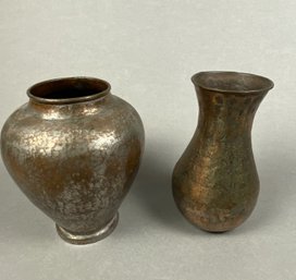 Pair Of Hammered And Etched Metal Vases, One From Iran