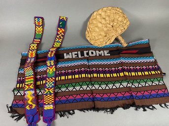 Beautiful Woven 'welcome' Tablecloth Or Runner, Fan & Sash Or Belt, Guatemala