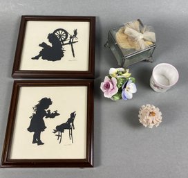 Vintage Items Including A Dresden Figurine, Two Scherenschnitte Silhouettes From Lancaster, PA