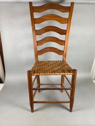 Antique Sturdy Wooden Ladder Back Woven Rush Cane Seat Chair Farmhouse Pencil Leg, Lot 1