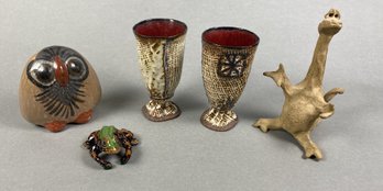 Lovely Pottery Items Including A Pair Of John Mason Goblets, Owl From Mexico, & Dinosaur By Stan Dzedzy