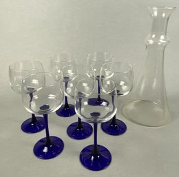 Set Of 7 Hock Wine Glasses By Cristal D'Arques Durand France, Neptune Pattern, & Wine Carafe