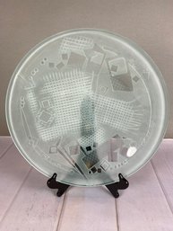 Very Cool, Handmade Art Glass Plate With Geometric Design, Frosted And Cut, Signed By Bradford