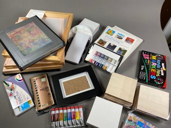 Fun Collection Of Art Supplies Including Dick Blick Silk Screens, Paints, Small Canvases & Paper