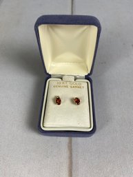 Adorable Pair Of 10 Karat Gold Earrings With Garnets In Jewelry Box