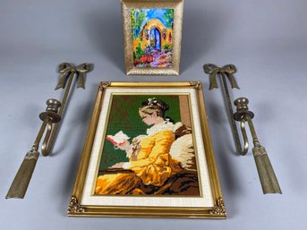 Framed Needlepoint, Brass Wall Sconce Candleholders, And Small Framed Picture, Jean-Honor Fragonard