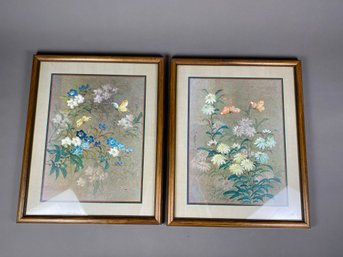 Pair Of Vintage Framed Butterflies And Flowers