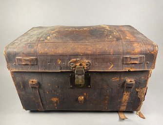 Antique 1954 G Cooper Steamer Travel Leather Chest Or Trunk With Metal Rolling Casters