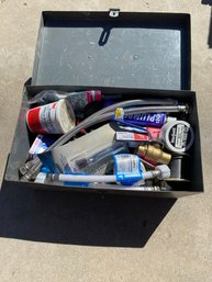 Metal Case With Miscellaneous Plumbing Supplies, Valves, Solder, Pipe Cutter, Putty