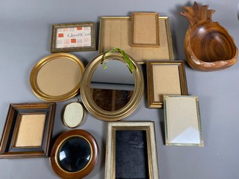 Lot Of Many Vintage And Modern Frames And A Wooden Pineapple-shaped Bowl