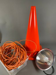 Miscellaneous Lot Of Items For Your Garage Or Shop, A Trouble Light, Long Extension Cord & Orange Traffic Cone