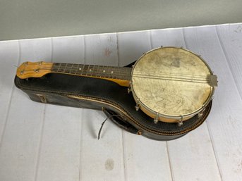 Vinage Four-string Banjo In Black Case, Liza Jane Artwork