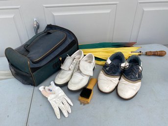 2 Pair Of Vintage Golf Shoes And Carrying Tote, Reebok, Leather, Etonic, Vintage Umbrella, Golf Glove