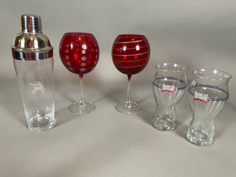 Pair Of Mikasa Cheers Ruby Balloon Wine Glass, Cocktail Shaker & Pair Of Samuel Adams Beer Glasses