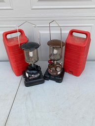 Vintage Pair Of Peak 1 Coleman Camping Lanterns Lights With Red Plastic Cases