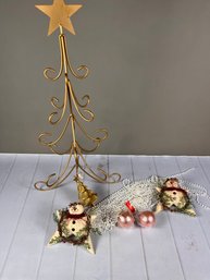 Pretty Golden Metal Tree With Decorations Includes Iridescent Pearly Garland & Plush Snowmen Ornaments