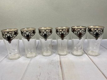 Set Of Six Antique Or Vintage Tumblers With Ornate Silver Overlay