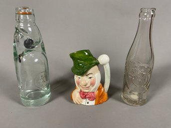 Artone Painted Mr Micawber Mug, Codds Seltzer Bottle With Marble Stopper & Vintage Dr Pepper Bottle