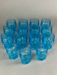 Vintage, Set Of 15 Aqua Blue Mid-Century Glasses Tumblers, Barware