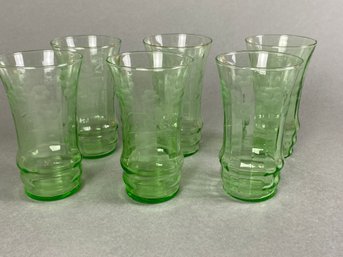 Vintage, Set Of 6 Green Depression Or Elegant Glass Tumblers, Flower Etch