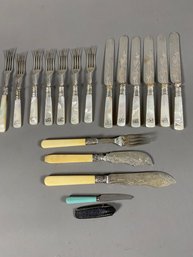 Vintage Silverplate Mother-of-pearl Handled Forks And Knives And Bakelite Style Serving Pieces