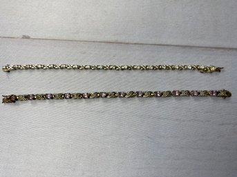 Pair Of Vintage Sterling Silver Tennis Bracelets With Lavender & Clear Glass Gems (24 Total Grams)