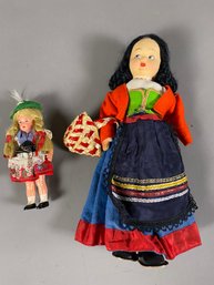 Vintage Dolls, Italian German Girl In Felt Clothing And Jointed German Doll With Braids & Hat