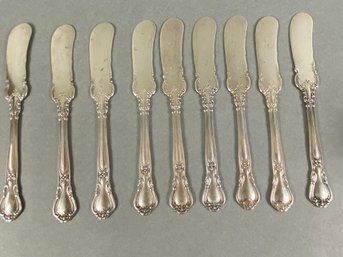 Set Of 9 Sterling Silver, Flat Handled Butter Knife, Spreader, Gorham, Chantilly Pattern, 195 Grams