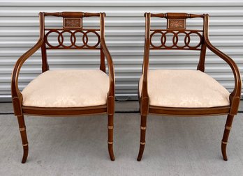 Beautiful Pair Of Hickory Wood Baker Charleston Regency Formal Chairs With Floral Painted Backrests
