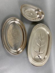 Set Of Two Silverplate Serving Meat Platters Plates And One Bowl, Reed & Barton, Tree And Well