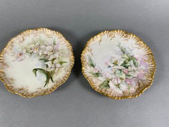 Beautiful Pair Of Limoges France Decorative Plates By Jean Pouyat, Heavy Gold And Flowers