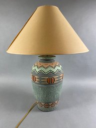 Pair Of Large, Southwestern Style Blue And Green Lamps With Light Tan Shades