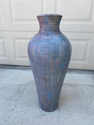 Incredible, Tall Ceramic Pot With Blue Drip Pattern