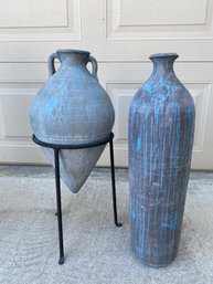 Pair Of Ceramic Pots With Blue Drip Pattern