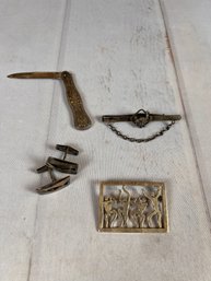 Sterling Silver Tie Clip/clasp, Brooch, Gorham Pocket Knife, And Cuff Links