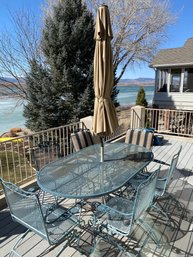 Large, Sturdy Metal Patio Table With 4 Rocking Chairs & 2 Regular Chairs With Umbrella Stand & Umbrella