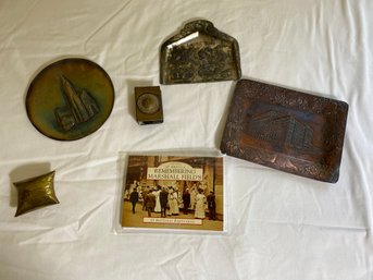 WWI German Brass Got Mit Uns Match Box Holder, St Louis Zoo Crumb Pan, Marshall Field Bronze Tray & Postcards