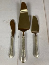 Three Vintage Or Antique Serving Pieces With Sterling Silver Handles, Towle Petit Point Pattern, 215 Grams