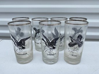 Nice Set Of 7 Midcentury Gamebird Barware Or Drinking Glasses With Silver Trim