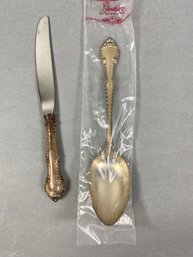Sterling Silver Serving Spoon & Dinner Knife By Gorham Silver In The English Gadroon Pattern, 153 Grams
